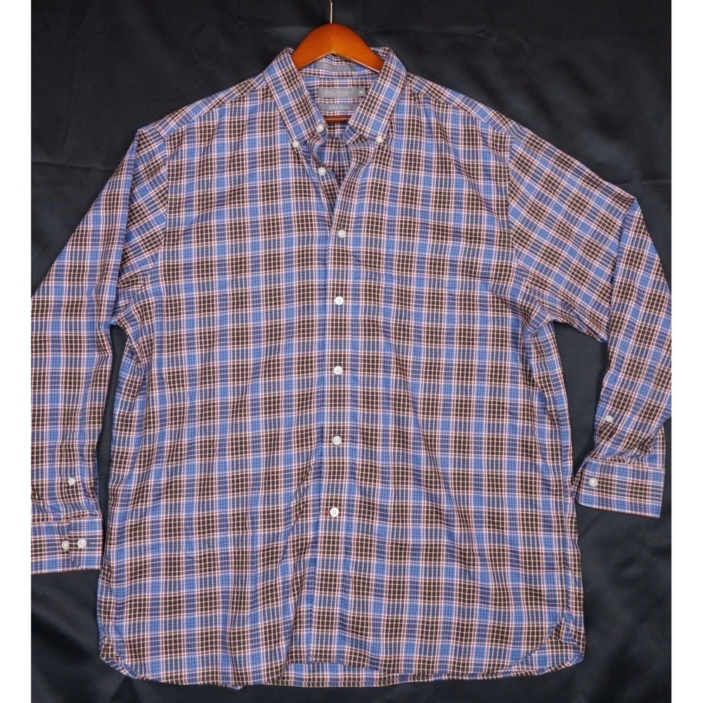 Daniel Cremieux Button Down Mens XL Blue Brown Plaid Non-Iron Cotton Lyocell